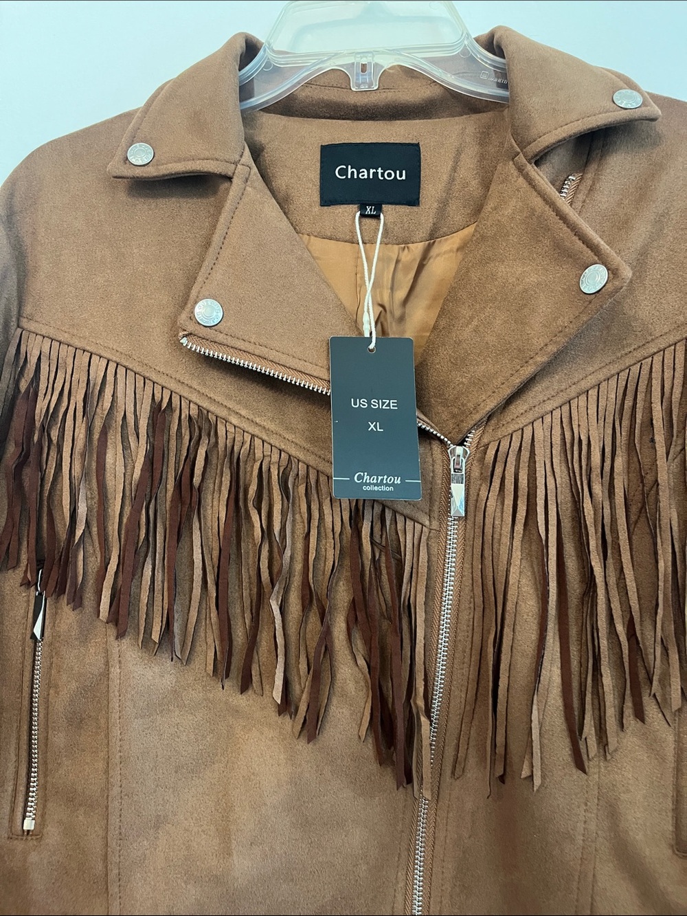 Chartou NWT Brown Faux Suede Moto Jacket with Fringe and Asymmetrical Zipper Xl